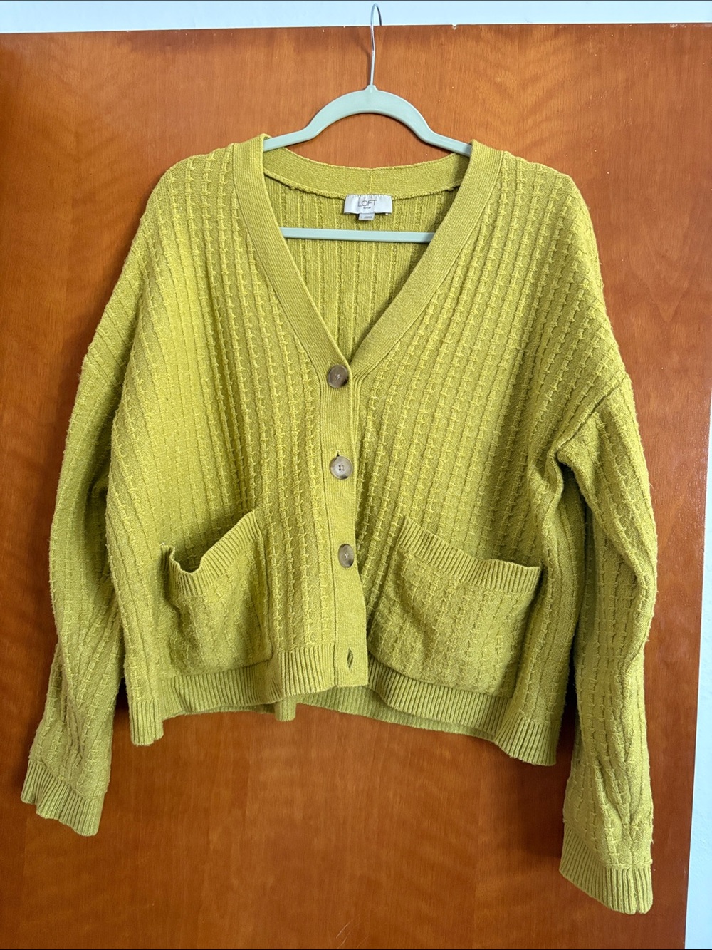 LOFT Chartreuse V-Neck Button Front Pocket Cardigan